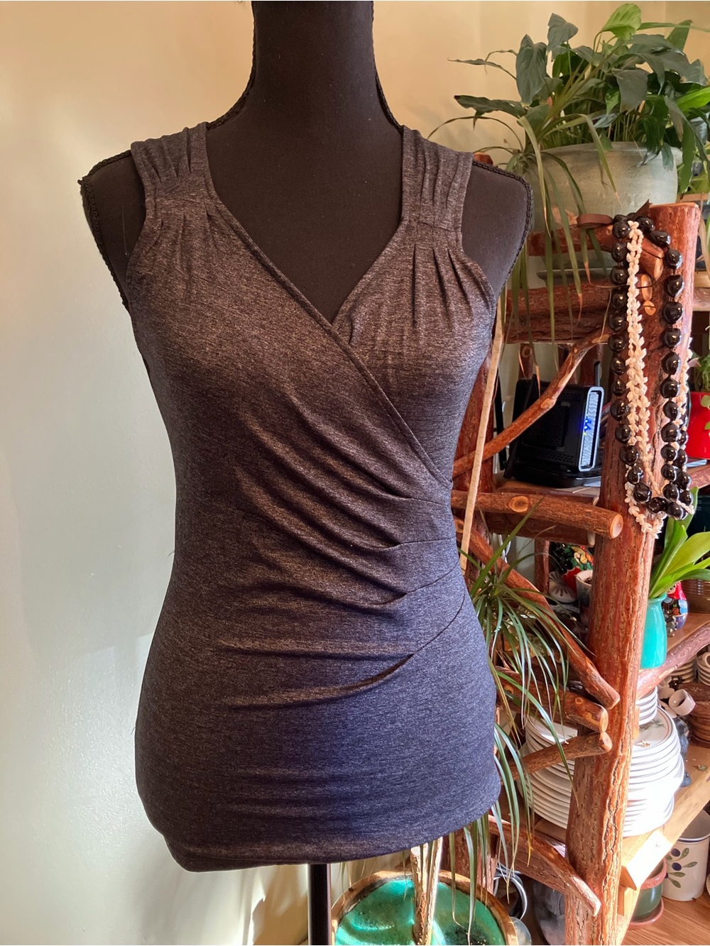 White House Black Market Charcoal Sleeveless Ruched V-Neck Tank
